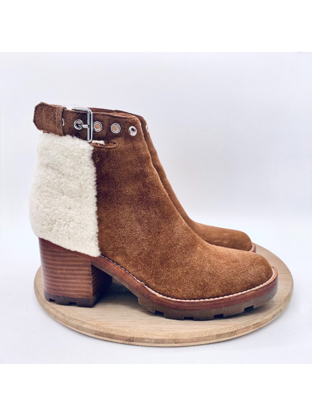 Sigerson Morrison Boots 8 Brown Suede Ankle Booties Shearling Italy